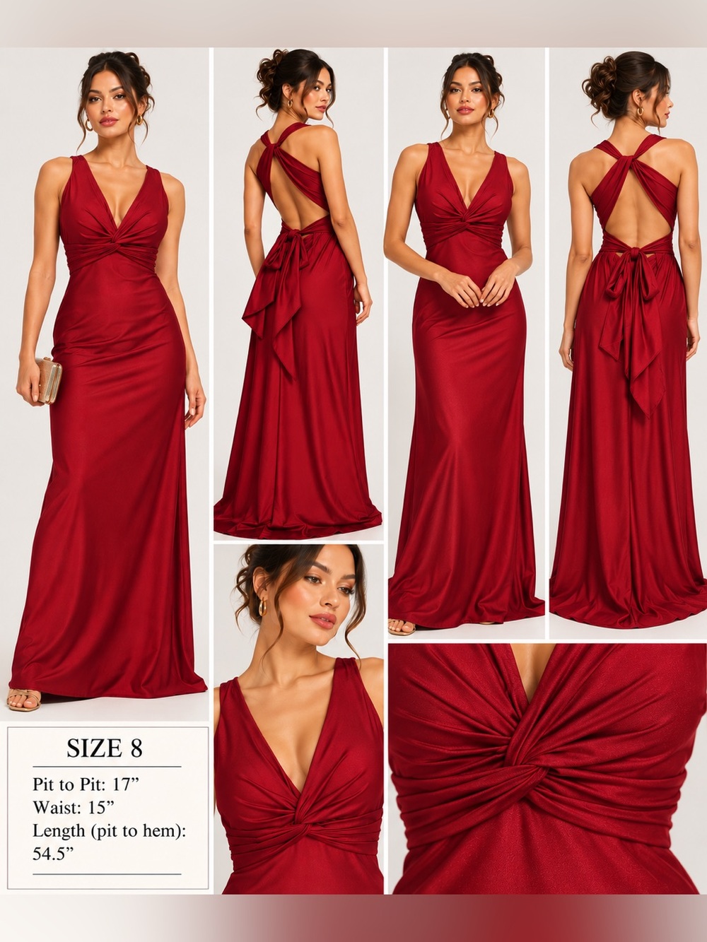 Burgundy/Deep Red Open Back Twist Front Maxi Gown Size 8 NWT